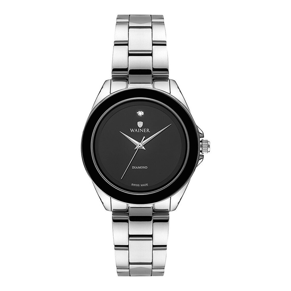 Wainer Diamond Kadın Kol Saati 36 MM Siyah Kadran Gümüş Kordon Safir Cam 5 ATM