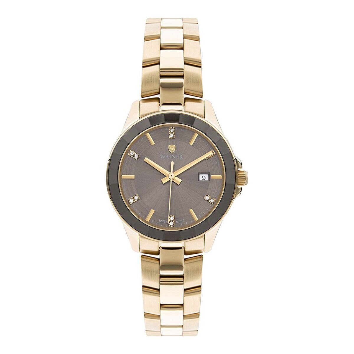 Wainer Kadın Kol Saati 33 MM Taşlı Bronz Kadran Altın Kordon 5 ATM