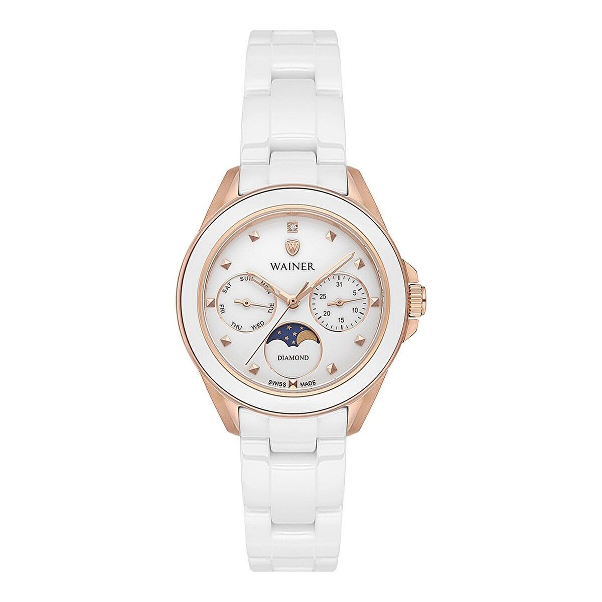 Wainer Kadın Kol Saati 34 MM Beyaz Kadran Beyaz Kordon Seramik Cam 5 ATM