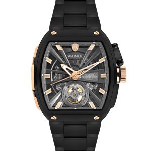 Wainer Otomatik Erkek Kol Saati 43 MM Safir Cam Siyah Metal ve Silikon Kordon Hediyeli 3 ATM