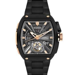 Wainer Otomatik Erkek Kol Saati 43 MM Safir Cam Siyah Metal ve Silikon Kordon Hediyeli 3 ATM