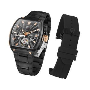 Wainer Otomatik Erkek Kol Saati 43 MM Safir Cam Siyah Metal ve Silikon Kordon Hediyeli 3 ATM