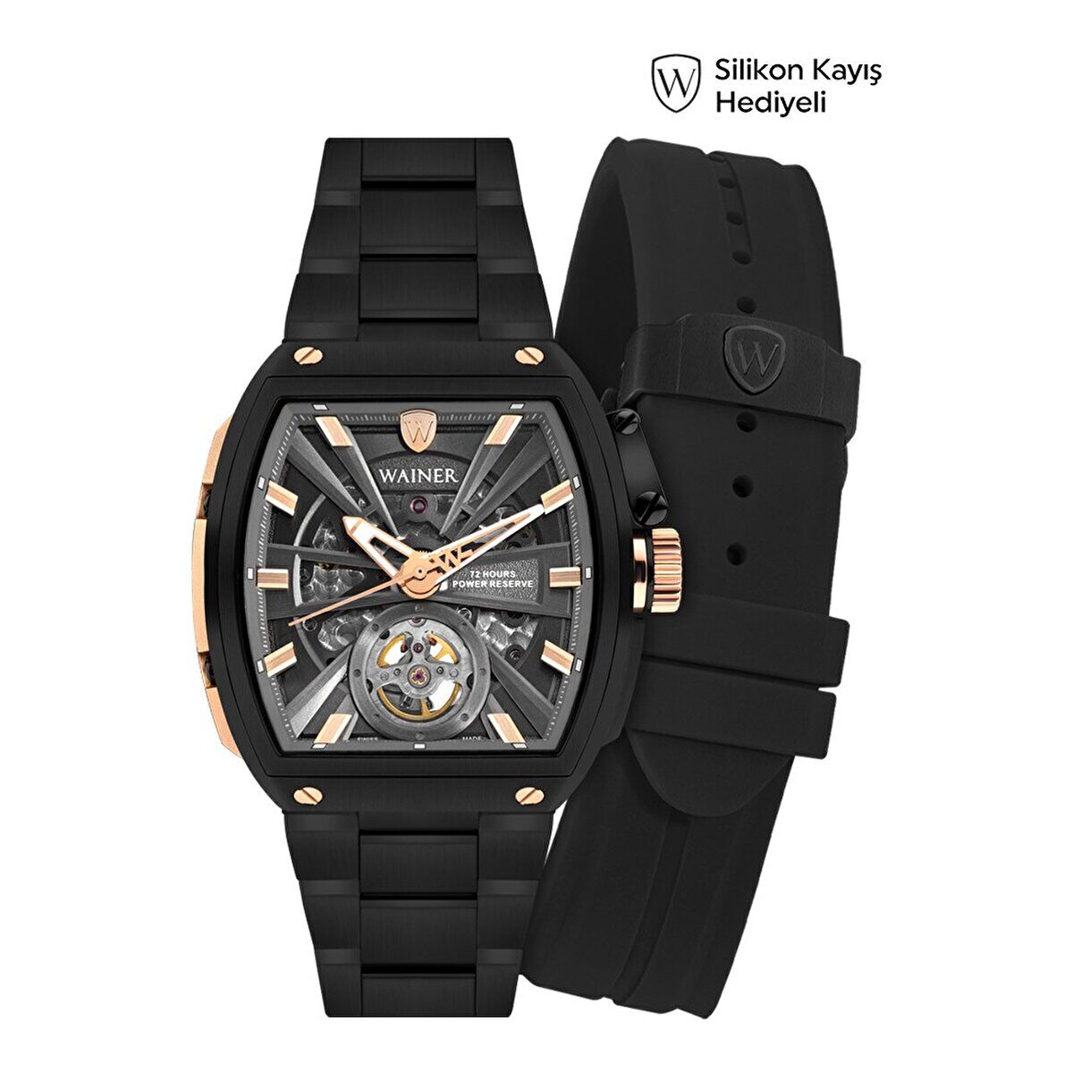 Wainer Otomatik Erkek Kol Saati 43 MM Safir Cam Siyah Metal ve Silikon Kordon Hediyeli 3 ATM