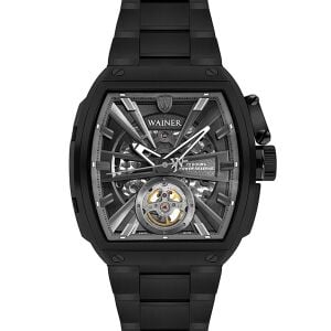 Wainer Otomatik Erkek Kol Saati 43 MM Safir Cam Siyah Metal ve Silikon Kordon Hediyeli 3 ATM