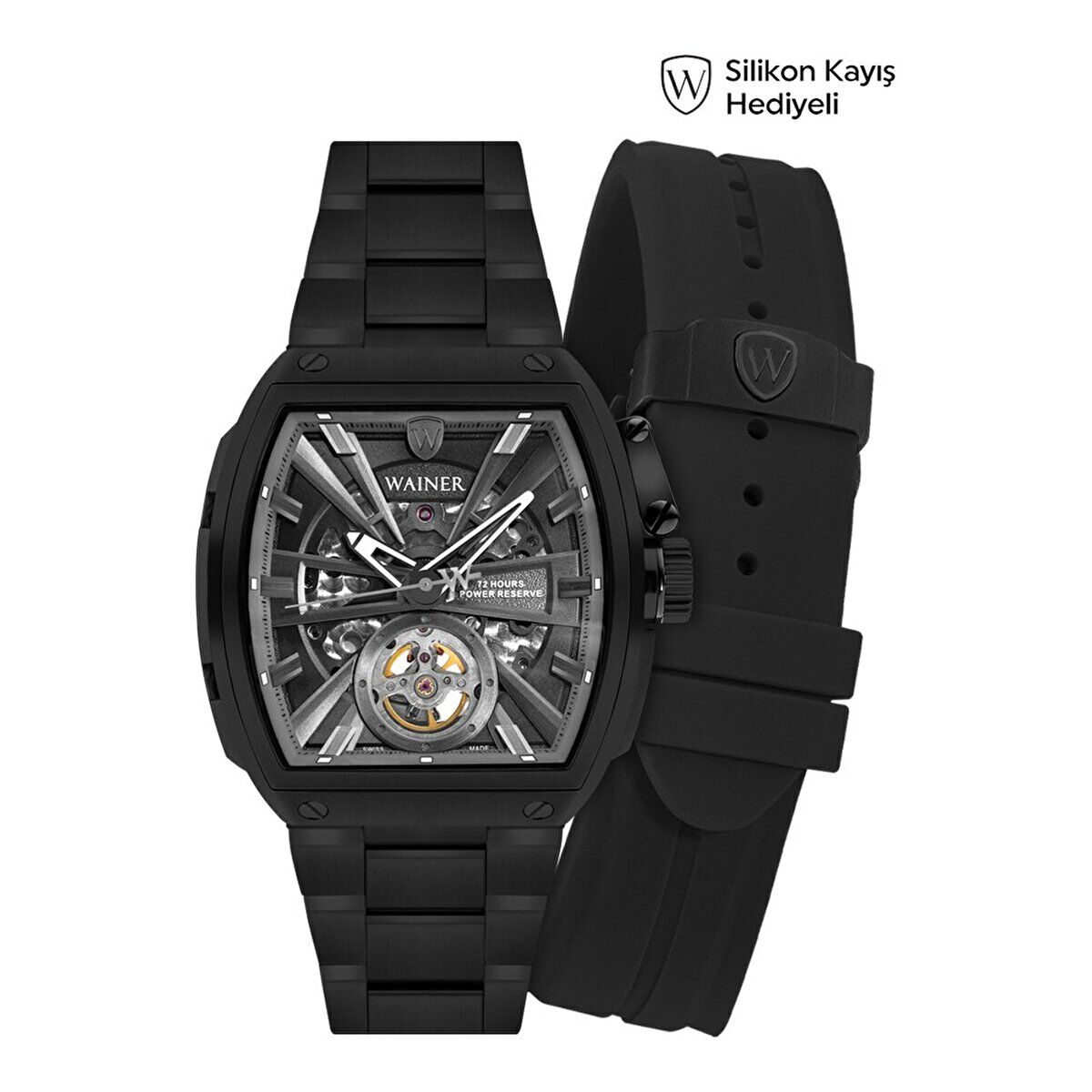 Wainer Otomatik Erkek Kol Saati 43 MM Safir Cam Siyah Metal ve Silikon Kordon Hediyeli 3 ATM