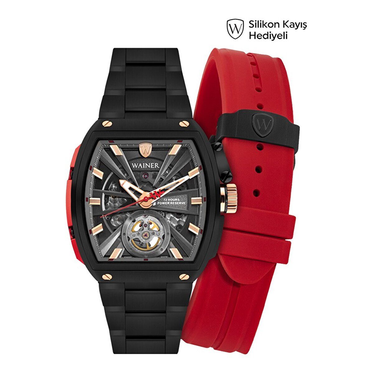 Wainer Otomatik Erkek Kol Saati 43 MM Safir Cam Metal ve Silikon Kordon Hediyeli 3 ATM