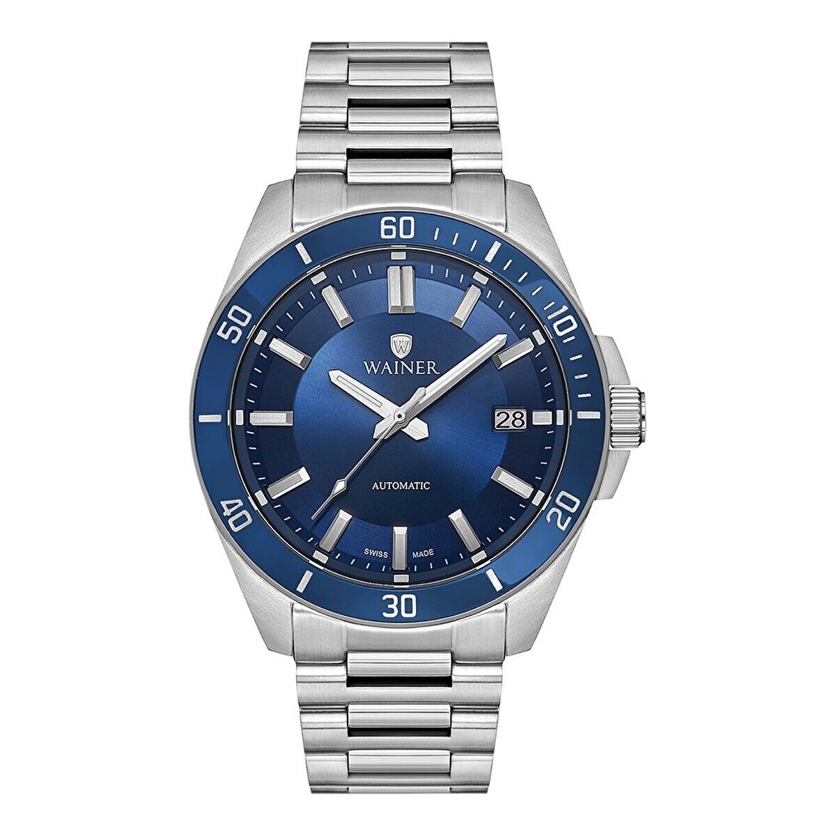 Wainer Otomatik Erkek Kol Saati 44 MM Mavi Kadran Metal Kordon 10 ATM