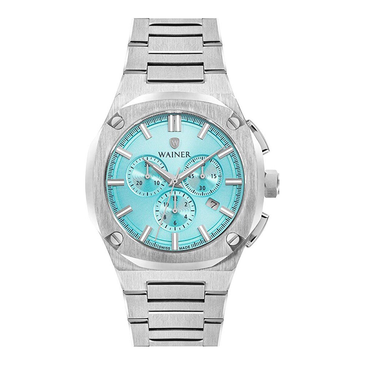 Wainer Otomatik Erkek Kol Saati 44 MM Mavi Kadran Metal Kordon 10 ATM