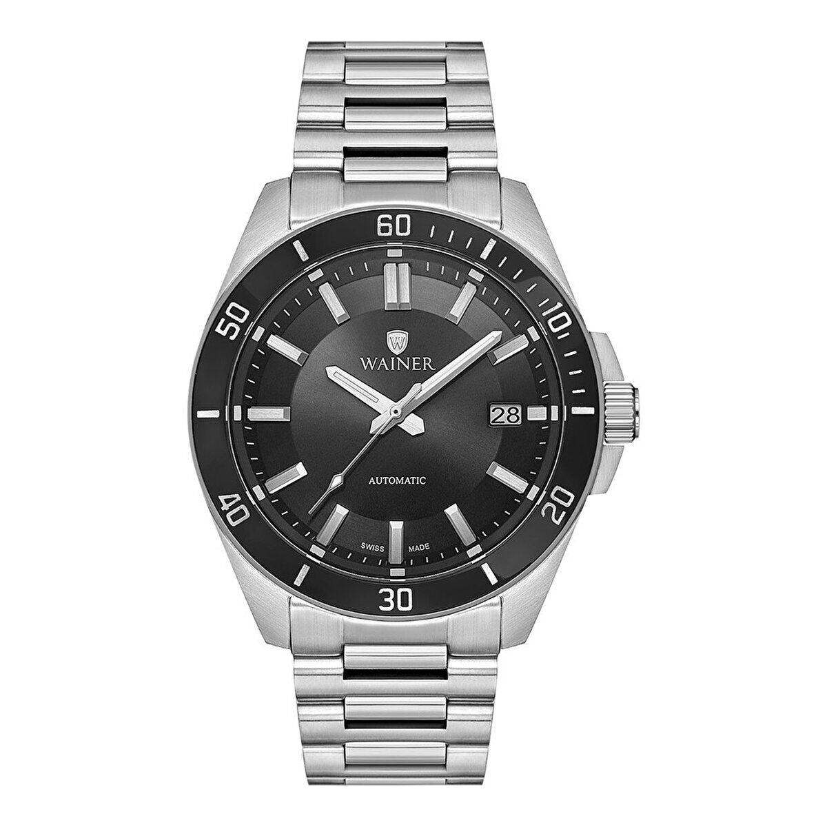 Wainer Otomatik Erkek Kol Saati 44 MM Siyah Kadran Metal Kordon 10 ATM