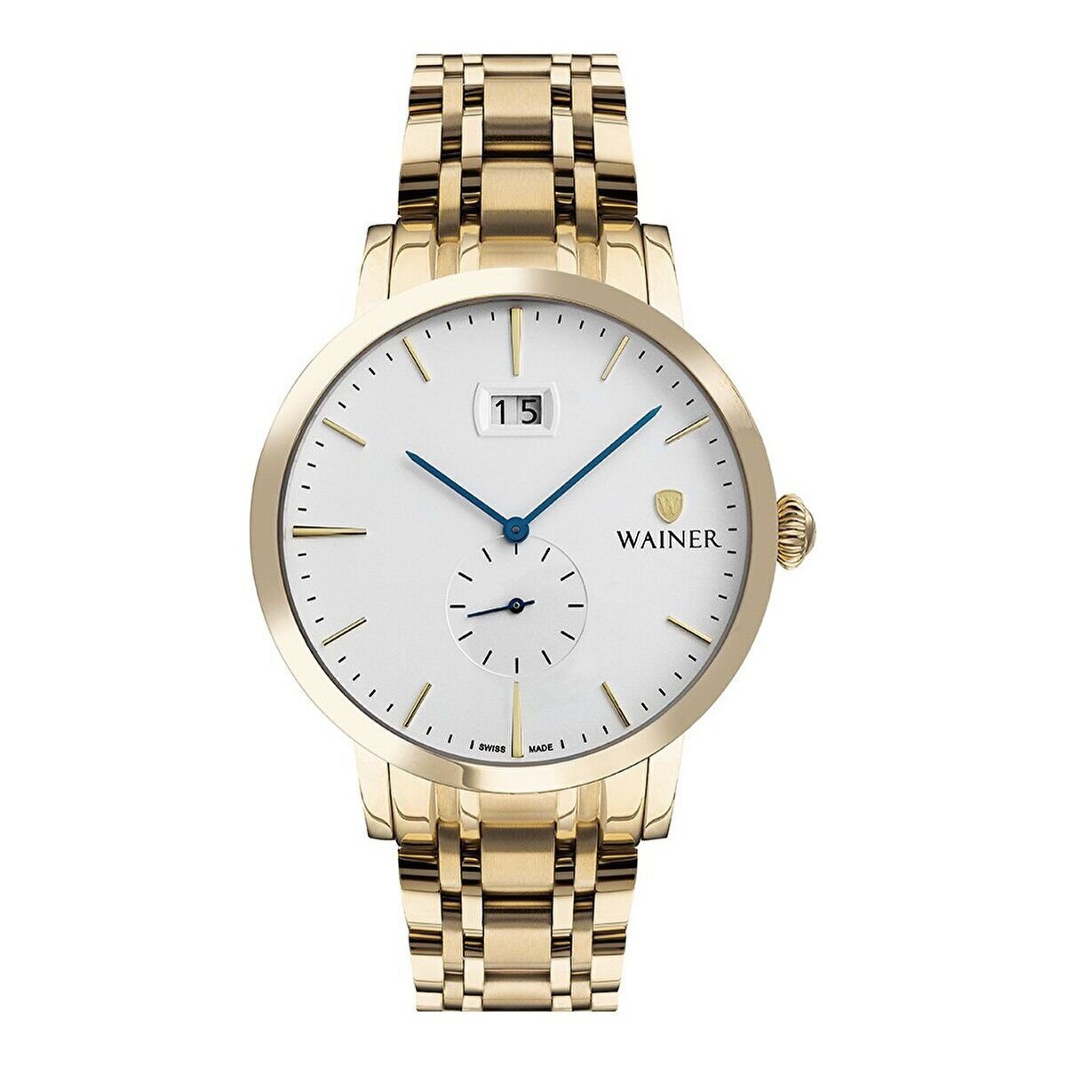 Wainer Erkek Kol Saati 44 MM Safir Cam Beyaz Kadran Altın Kordon 3 ATM