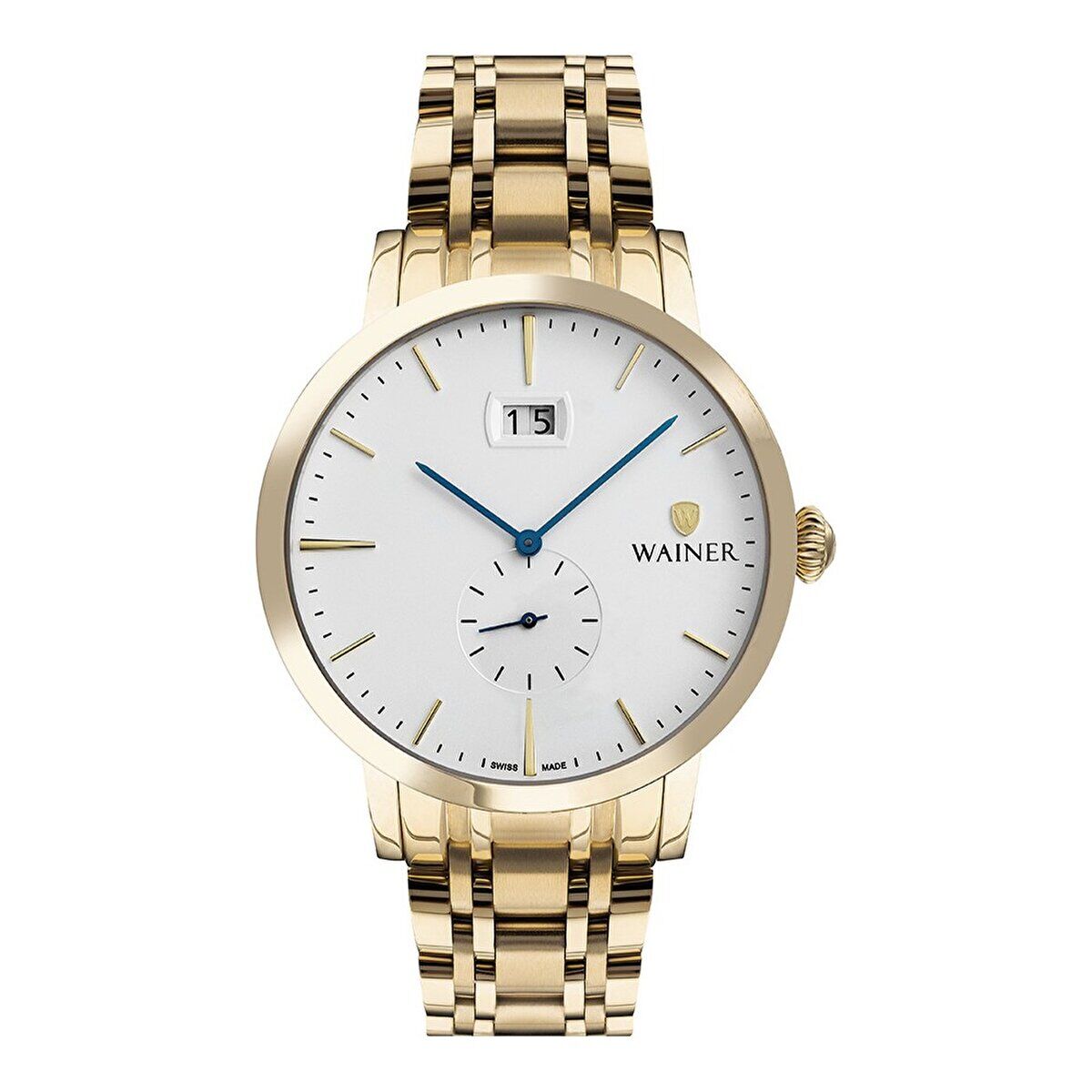 Wainer Erkek Kol Saati 44 MM Safir Cam Beyaz Kadran Altın Kordon 3 ATM