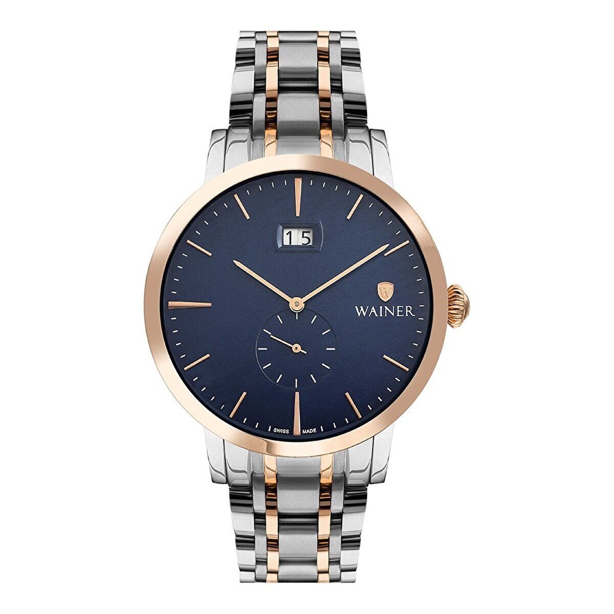 Wainer Erkek Kol Saati 44 MM Safir Cam Lacivert Kadran Rose Gold Gümüş Kordon 3 ATM