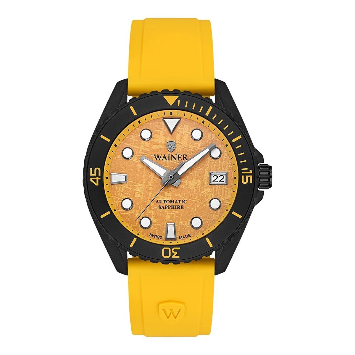 Wainer Erkek Kol Saati Sarı Silikon Kordon Sarı Kadran 44MM Safir Cam 10 ATM Siyah Kasa