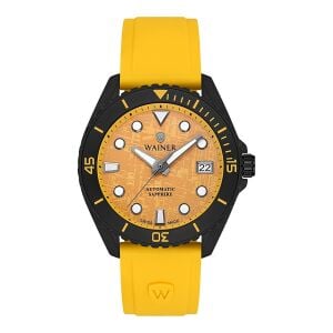 Wainer Erkek Kol Saati Sarı Silikon Kordon Sarı Kadran 44MM Safir Cam 10 ATM Siyah Kasa