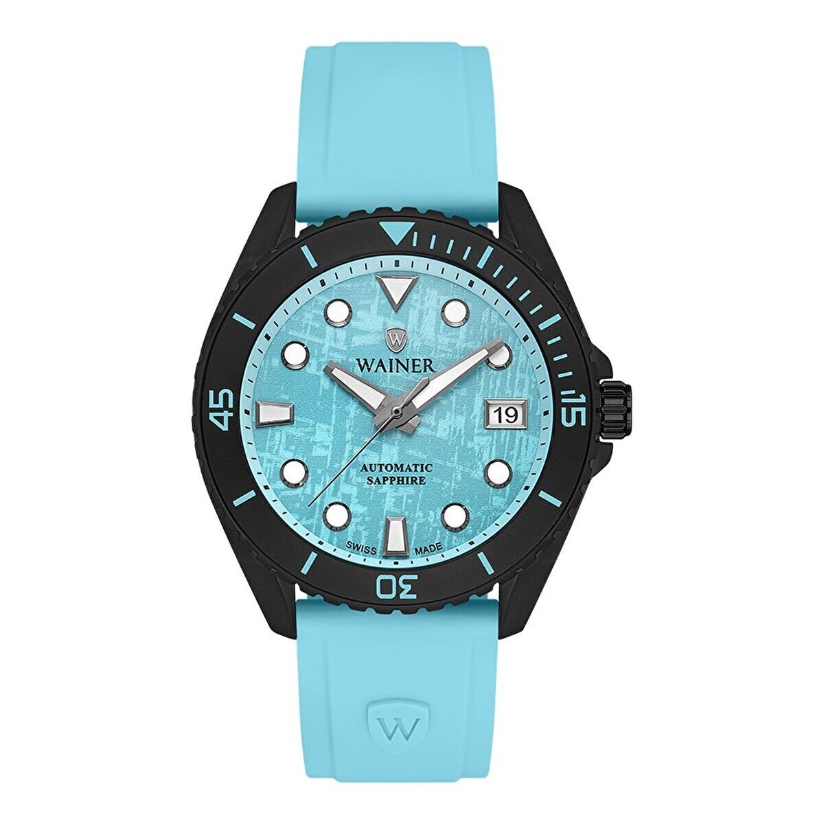 Wainer Erkek Kol Saati Turkuaz Silikon Kordon Turkuaz Kadran 44MM Safir Cam 10 ATM Siyah Kasa