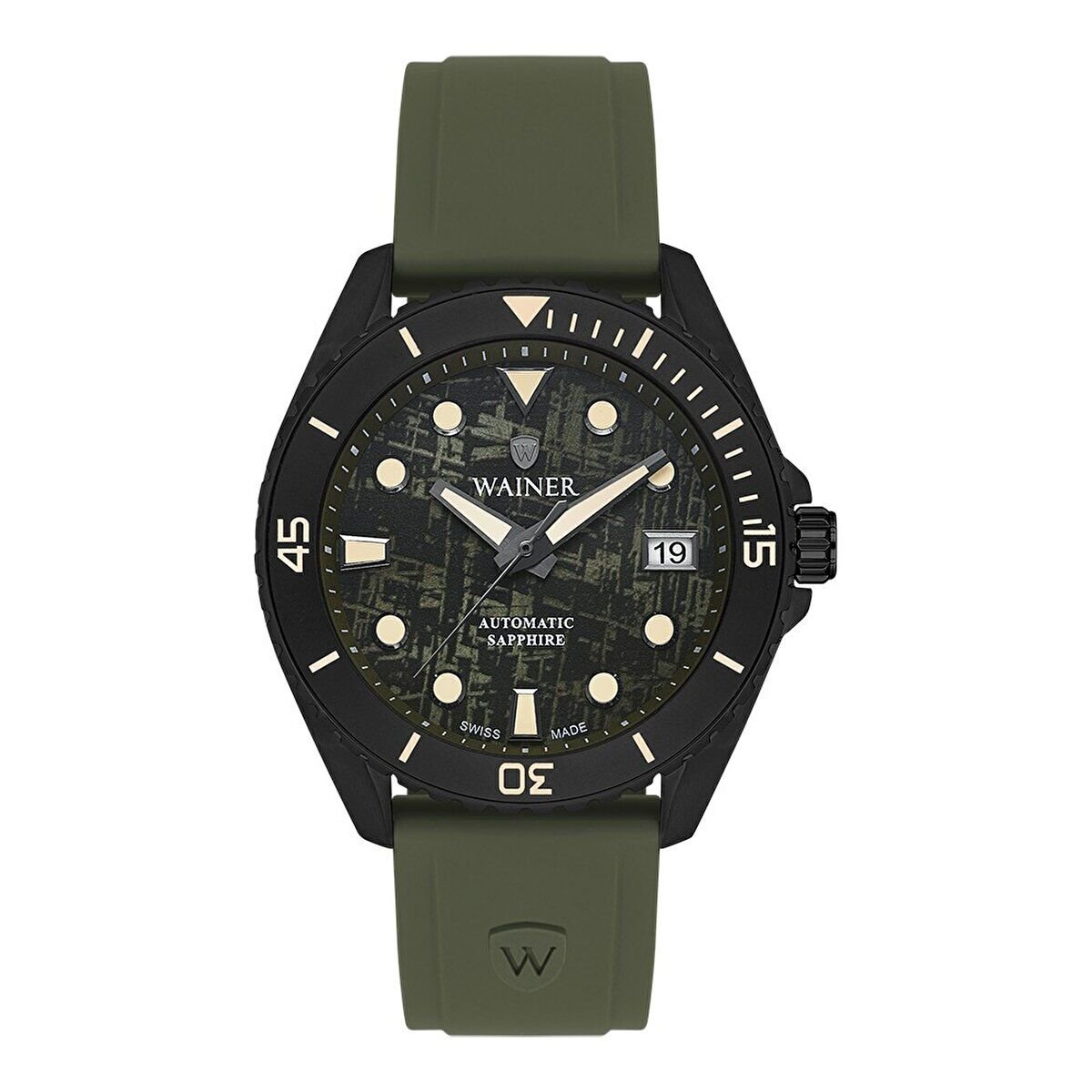 Wainer Otomatik Erkek Kol Saati 44 MM Safir Cam Haki Silikon Kordon 10 ATM