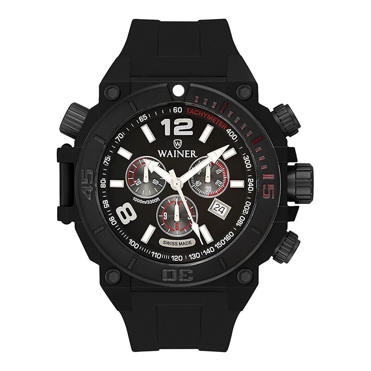 Wainer Erkek Kol Saati Siyah Silikon Kordon Siyah Kadran 50MM Kronograf 100 ATM Safir Kaplama Cam