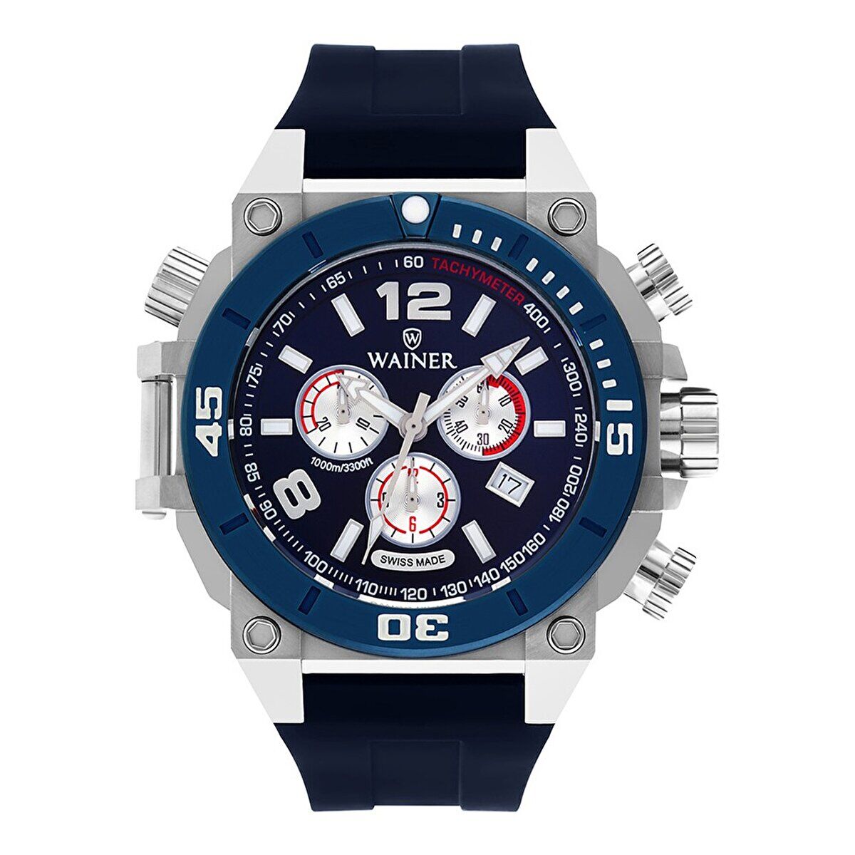 Wainer Erkek Kol Saati Mavi Silikon Kordon Siyah Kadran 50MM Kronograf 100 ATM Safir Kaplama Cam Gümüş Kasa