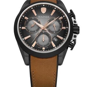 Wainer Erkek Kol Saati Kahverengi Deri Kordon Siyah Kadran 44MM Safir Cam 10 ATM Küçük Saniye