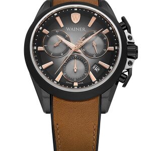 Wainer Erkek Kol Saati Kahverengi Deri Kordon Siyah Kadran 44MM Safir Cam 10 ATM Küçük Saniye