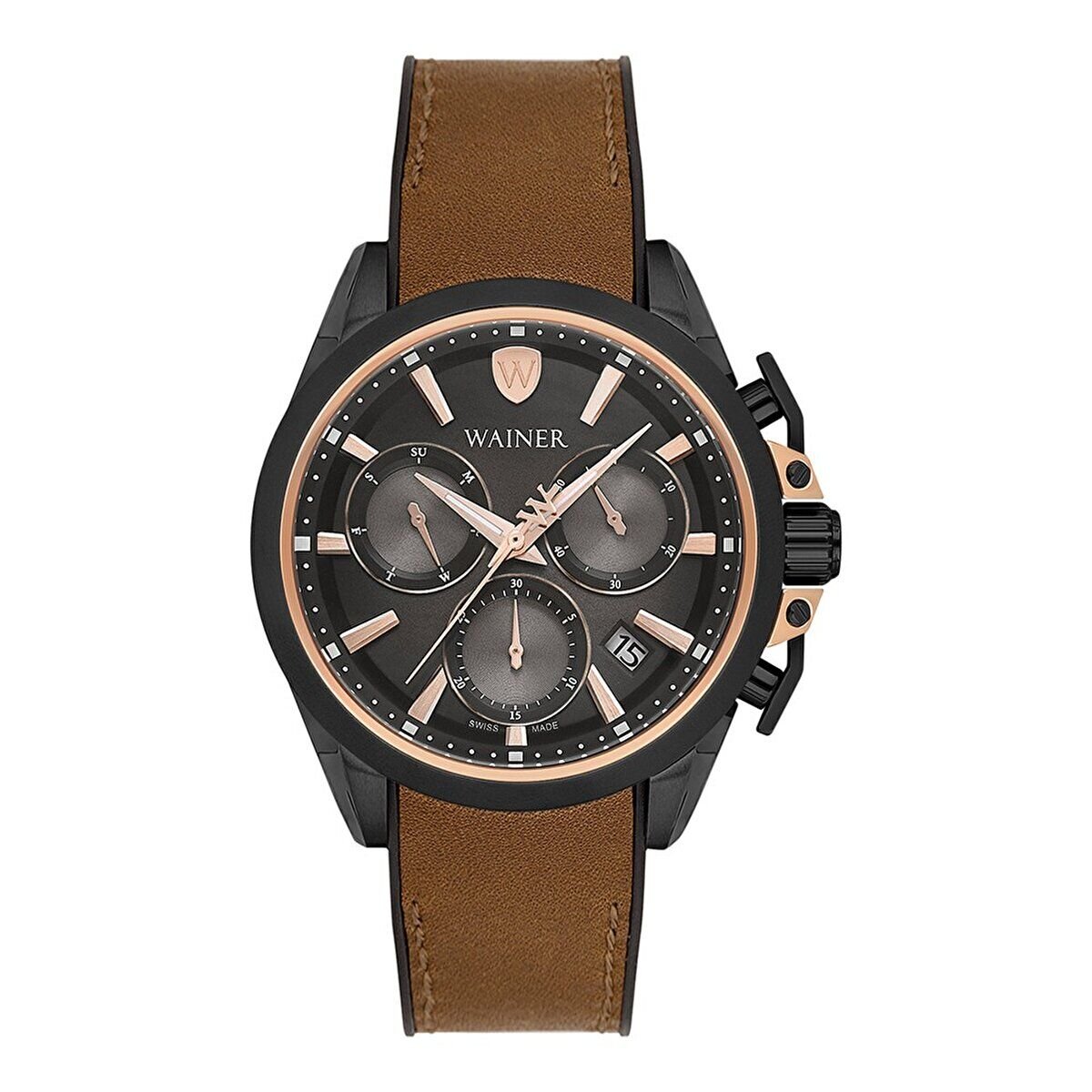 Wainer Erkek Kol Saati Kahverengi Deri Kordon Siyah Kadran 44MM Safir Cam 10 ATM Küçük Saniye
