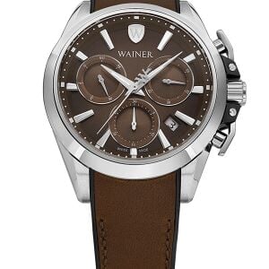 Wainer Erkek Kol Saati Kahverengi Deri Kordon Kahverengi Kadran 44MM Safir Cam 10 ATM Küçük Saniye Gümüş Kasa