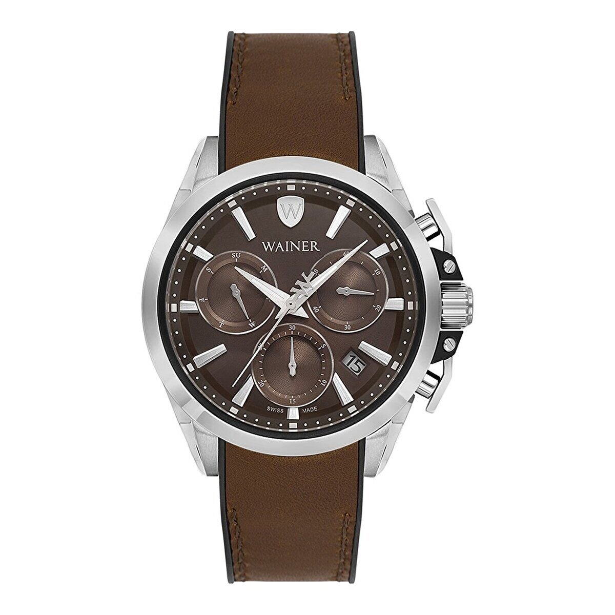 Wainer Erkek Kol Saati Kahverengi Deri Kordon Kahverengi Kadran 44MM Safir Cam 10 ATM Küçük Saniye Gümüş Kasa