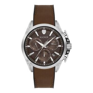 Wainer Erkek Kol Saati Kahverengi Deri Kordon Kahverengi Kadran 44MM Safir Cam 10 ATM Küçük Saniye Gümüş Kasa