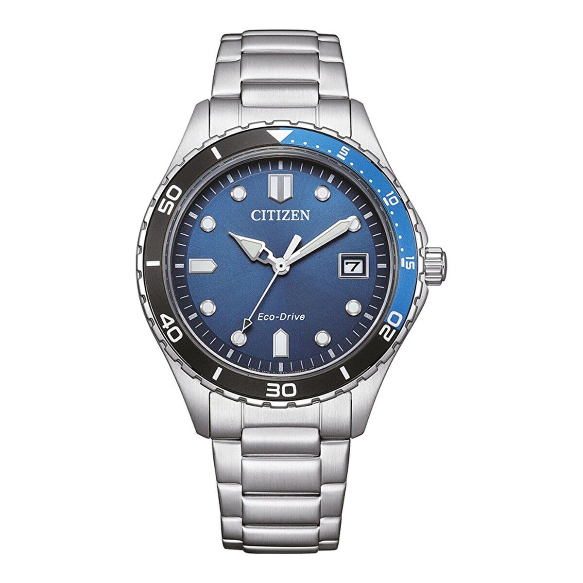 Citizen Erkek Kol Saati Gümüş Kordon Mavi Kadran 36.8MM 10 ATM Mineral Kristal Cam