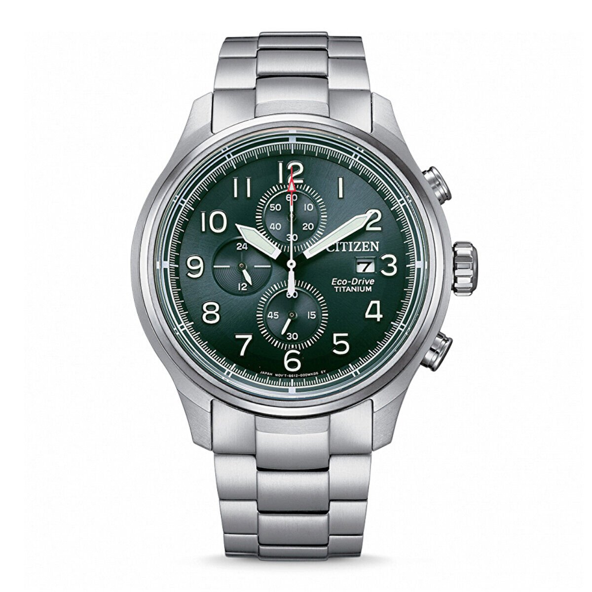 Citizen Erkek Kol Saati Titanyum Gümüş Kordon Yeşil Kadran 44MM Safir Cam 10 ATM Eco-Drive Takvimli