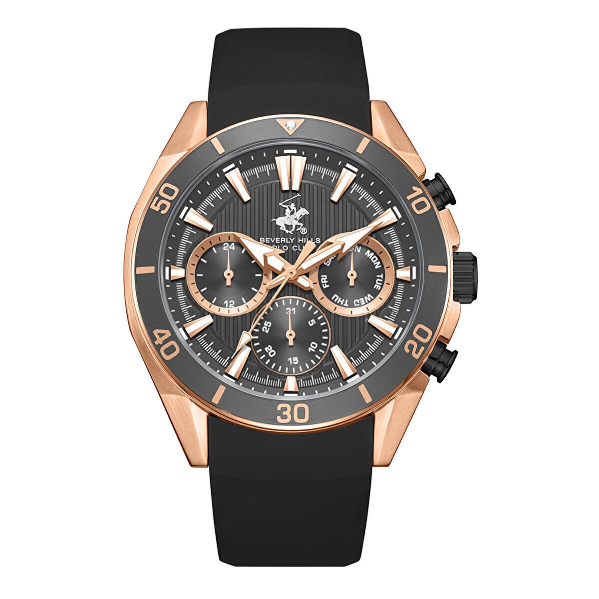 Beverly Hills Polo Club Erkek Kol Saati Siyah Silikon Kordon Gri Kadran Rose Gold Kasa 42.5MM Seramik Cam 10 ATM