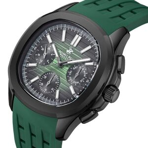 Beverly Hills Polo Club Erkek Kol Saati Koyu Yeşil Silikon Kordon Yeşil Siyah Kadran Siyah Kasa 42MM Safir Kaplama Seramik Cam 10 ATM