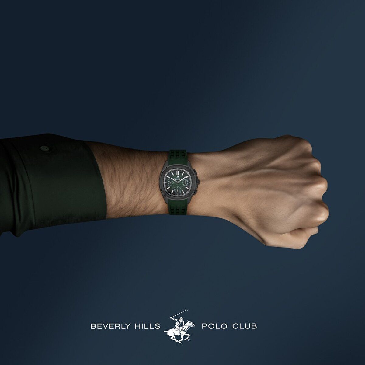 Beverly Hills Polo Club Erkek Kol Saati Koyu Yeşil Silikon Kordon Yeşil Siyah Kadran Siyah Kasa 42MM Safir Kaplama Seramik Cam 10 ATM
