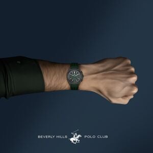 Beverly Hills Polo Club Erkek Kol Saati Koyu Yeşil Silikon Kordon Yeşil Siyah Kadran Siyah Kasa 42MM Safir Kaplama Seramik Cam 10 ATM