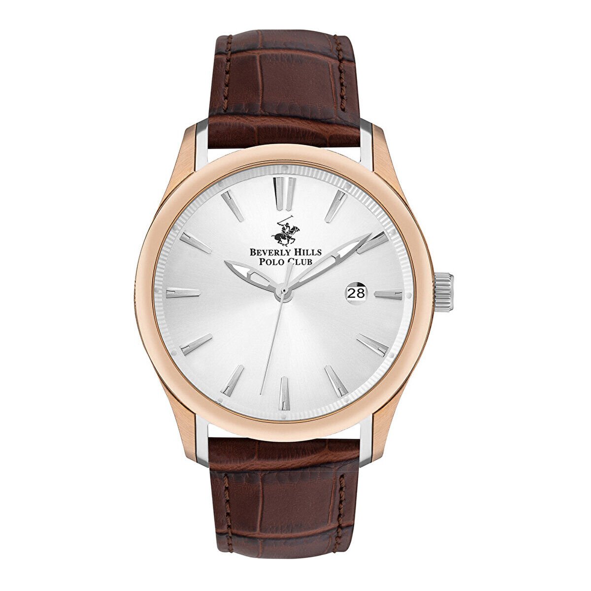 Beverly Hills Polo Club Erkek Kol Saati Kahverengi Deri Kordon Silver Kadran Rose Gold Kasa 45MM Safir Kaplama Seramik Cam 10 ATM Takvimli