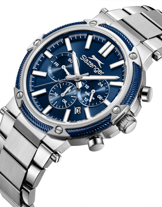 Slazenger Erkek Kol Saati Gümüş Çelik Kordon Lacivert Kadran 43MM 10 ATM Su Geçirmez Paslanmaz Çelik Kasa