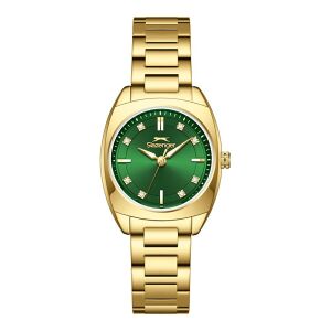 Slazenger Kadın Kol Saati Gold Metal Kordon Yeşil  Kadran 28MM Mineral Cam Quartz Mekanizma 5 ATM Su Geçirmez