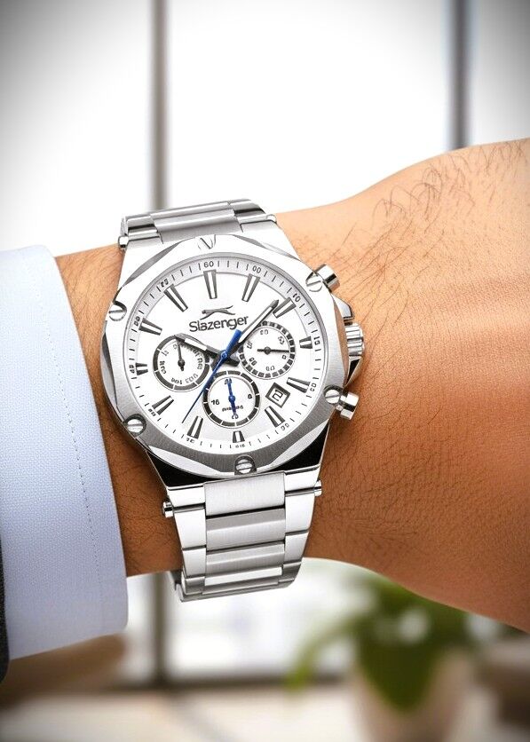Slazenger Erkek Kol Saati Gümüş Kasa Beyaz Kadran 42MM Mineral Cam 10 ATM Su Geçirmez Paslanmaz Çelik