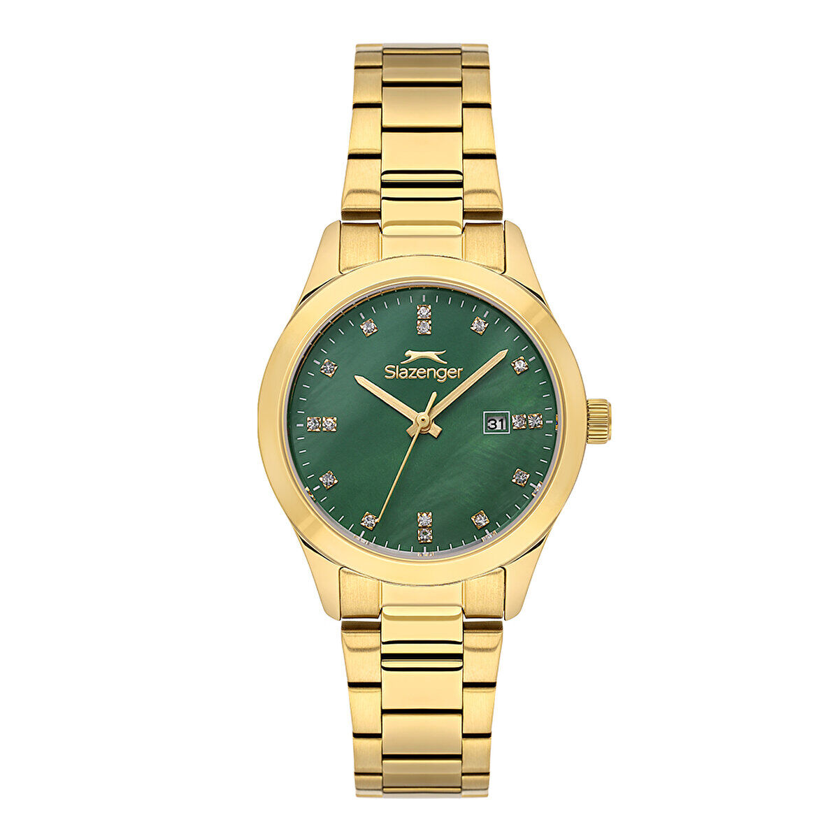 Kadın Kol Saati Altın Renk Paslanmaz Çelik Metal Kordon Zümrüt Yeşili Kadran 32MM Quartz Mekanizma Mineral Cam 5 ATM Su Geçirmez