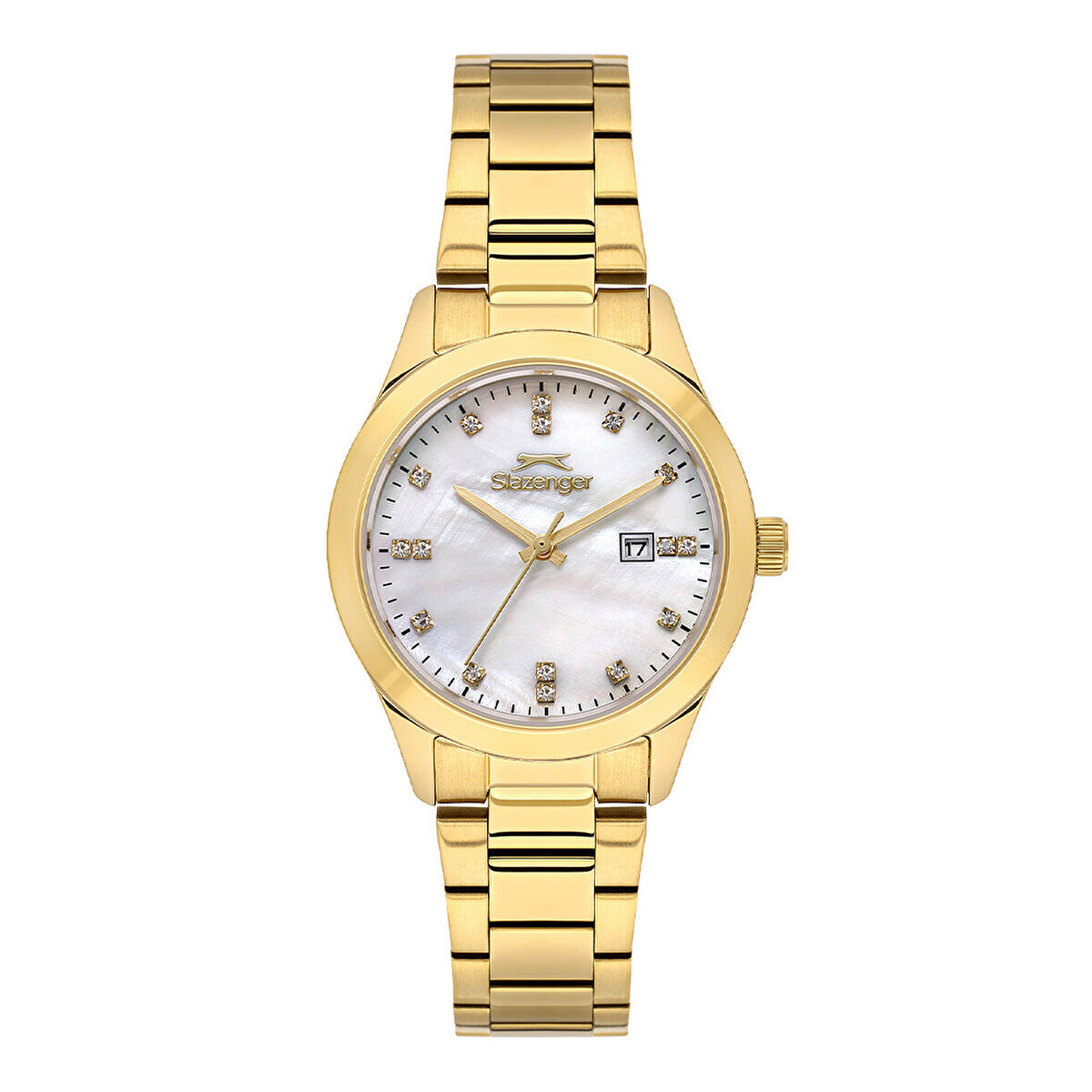 Kadın Kol Saati Altın Renk Paslanmaz Çelik Metal Kordon Sedef Beyaz Kadran 32MM Quartz Mekanizma Mineral Cam 5 ATM Su Geçirmez