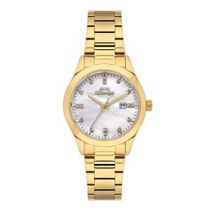 Kadın Kol Saati Altın Renk Paslanmaz Çelik Metal Kordon Sedef Beyaz Kadran 32MM Quartz Mekanizma Mineral Cam 5 ATM Su Geçirmez