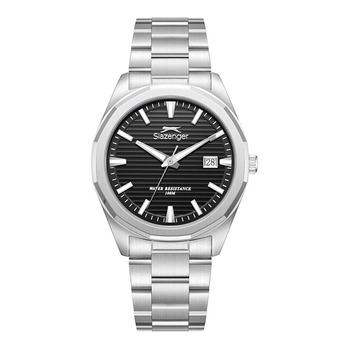 Slazenger Erkek Kol Saati Gümüş Metal Kordon Siyah Kadran 40MM Quartz Mekanizma Mineral Cam 10 ATM Su Geçirmez
