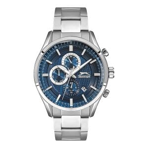 Slazenger Erkek Kol Saati Gümüş Metal Kordon Mavi Gümüş Kadran 45MM Paslanmaz Çelik Mineral Cam 10 ATM Su Geçirmez