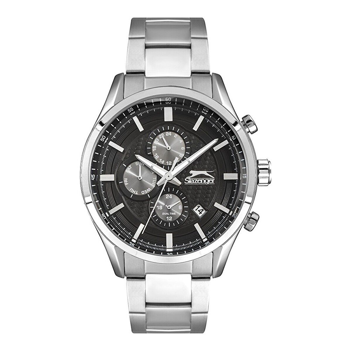 Slazenger Erkek Kol Saati Gümüş Çelik Kordon Siyah Kadran 45MM Quartz Mekanizma Mineral Cam 10 ATM Su Geçirmez Paslanmaz Çelik