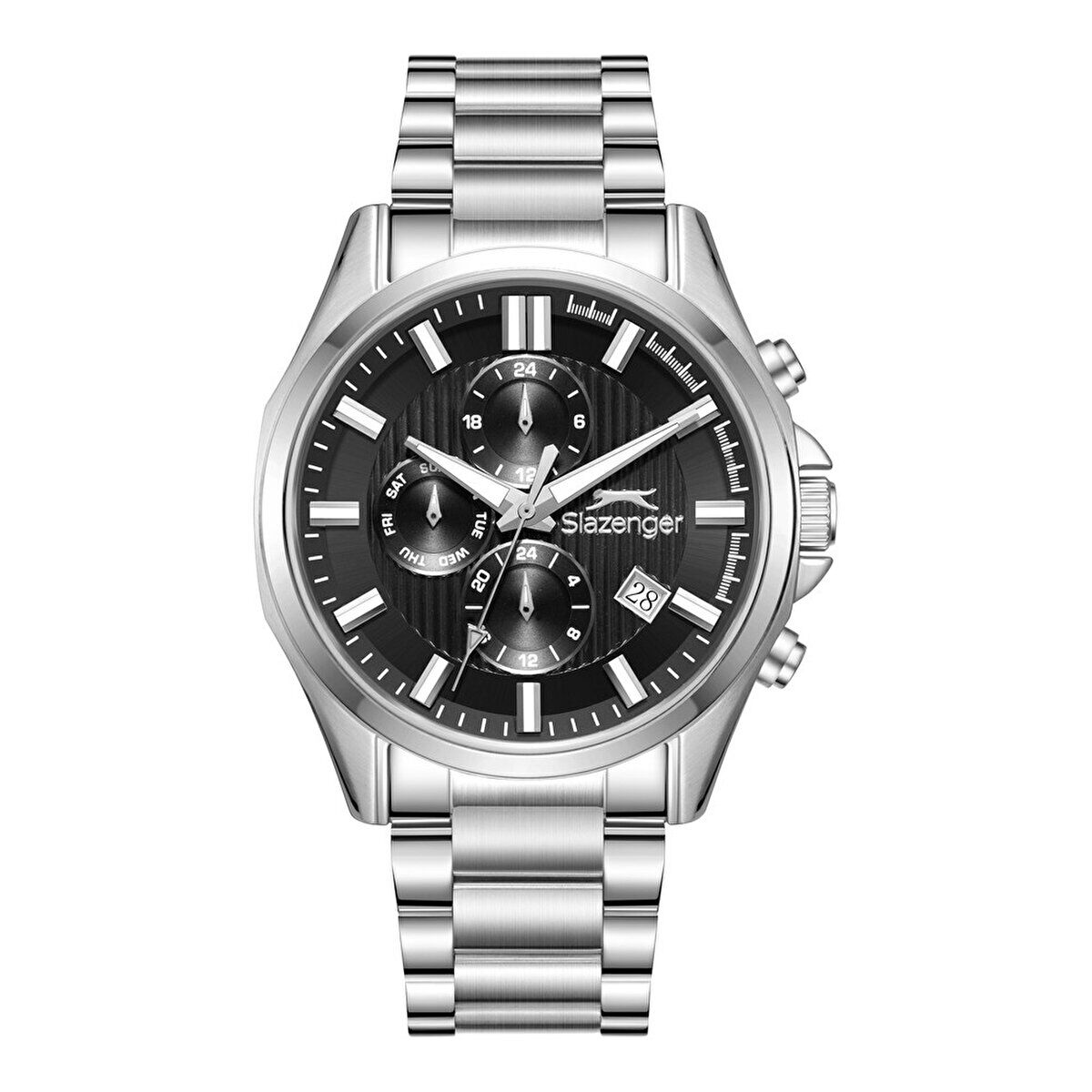 Slazenger Erkek Kol Saati Gümüş Çelik Kordon Siyah Kadran 43MM Quartz Mekanizma Mineral Cam 10 ATM Su Geçirmez Paslanmaz Çelik