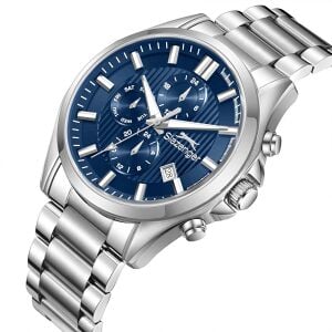 Slazenger Erkek Kol Saati Gümüş Çelik Kordon Lacivert Kadran 43MM Quartz Mekanizma Mineral Cam 10 ATM Su Geçirmez Paslanmaz Çelik