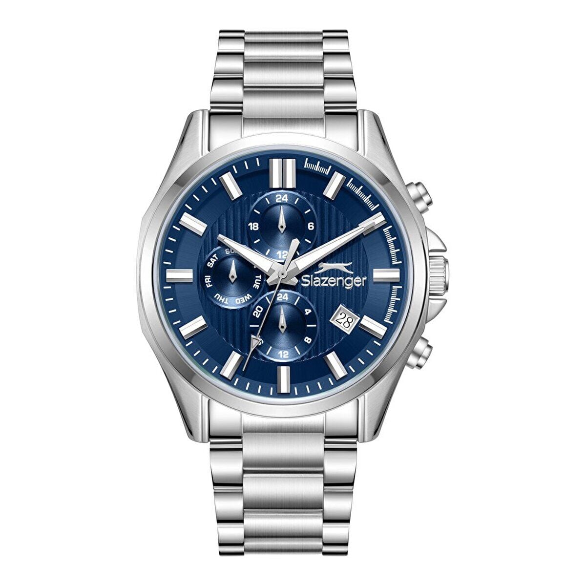 Slazenger Erkek Kol Saati Gümüş Çelik Kordon Lacivert Kadran 43MM Quartz Mekanizma Mineral Cam 10 ATM Su Geçirmez Paslanmaz Çelik