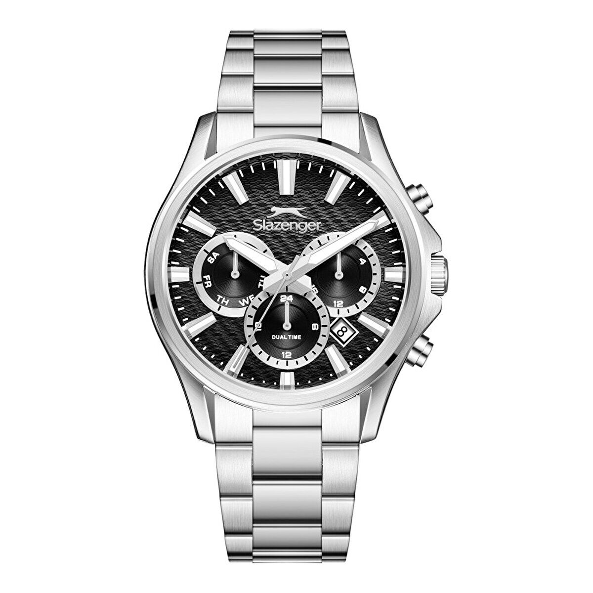 Slazenger Erkek Kol Saati Gümüş Metal Kordon Beyaz Detaylı Siyah Kadran 42MM Mineral Cam 10 ATM Su Geçirmez Paslanmaz Çelik