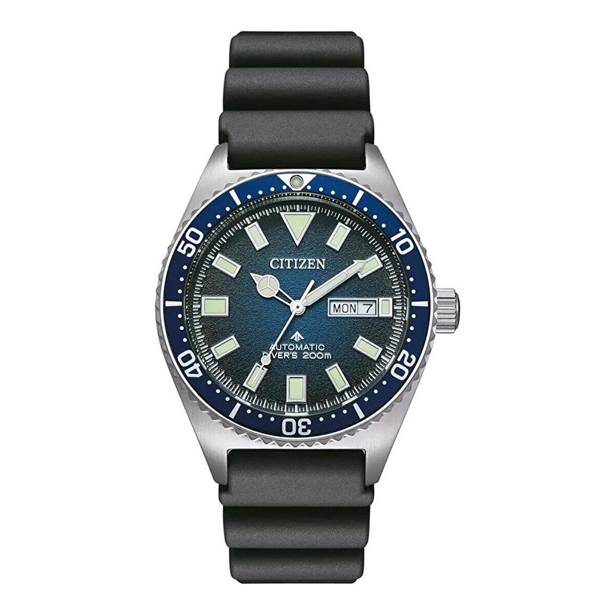 Citizen Erkek Kol Saati Siyah Silikon Kordon Otomatik Mekanizma Lacivert Kadran 40MM Mineral Cam 20 ATM