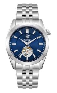 Beverly Hills Polo Club Erkek Kol Saati 42 MM Mavi Kadran Gümüş Kordon Otomatik Mekanizma 10 ATM Seramik Cam